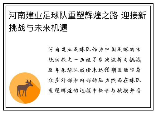 河南建业足球队重塑辉煌之路 迎接新挑战与未来机遇