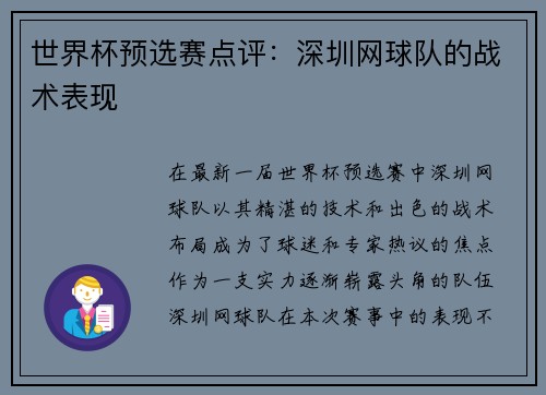 世界杯预选赛点评：深圳网球队的战术表现