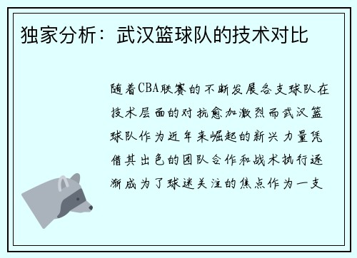 独家分析：武汉篮球队的技术对比