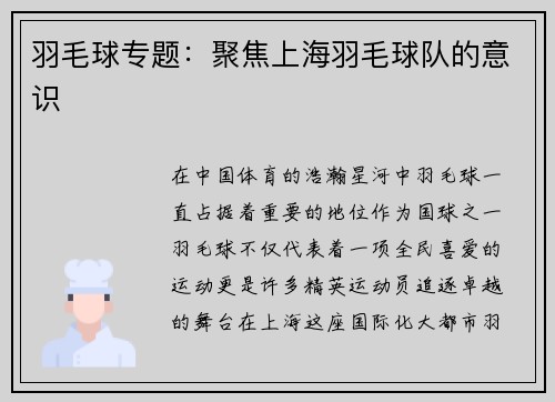 羽毛球专题：聚焦上海羽毛球队的意识
