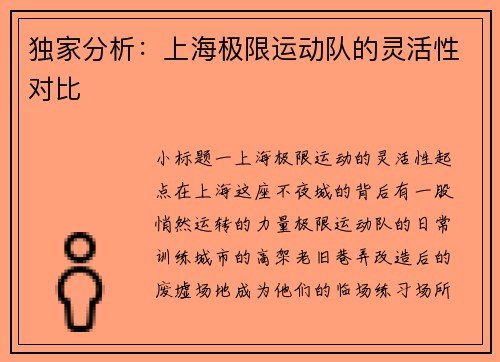 独家分析：上海极限运动队的灵活性对比