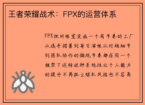 王者荣耀战术：FPX的运营体系